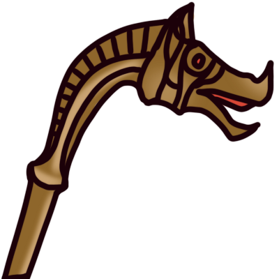 the head and top of the tail of a bronze-coloured carnyx with red eye and tongue.